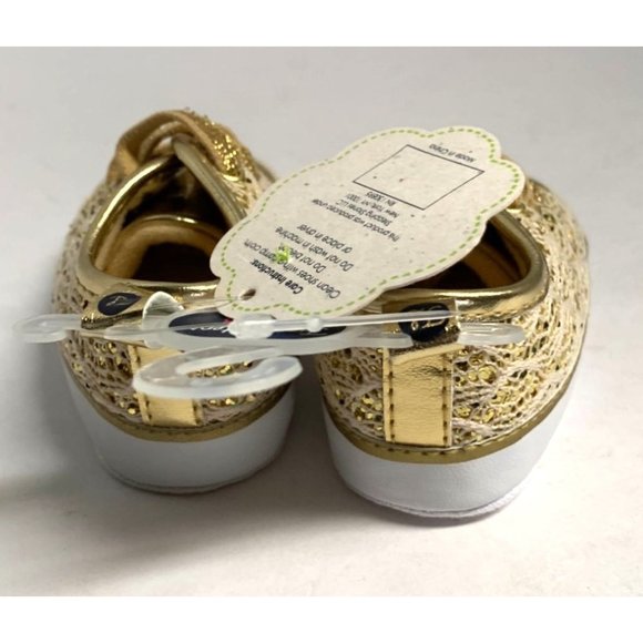 New First Steps Girls Baby Infant Size 3 Gold Lace Sneaker Shoes Slip On - Picture 4 of 5